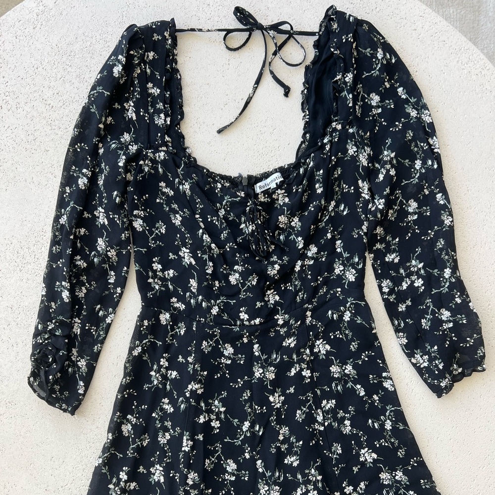 Reformation Black Floral Long Sleeve Dress